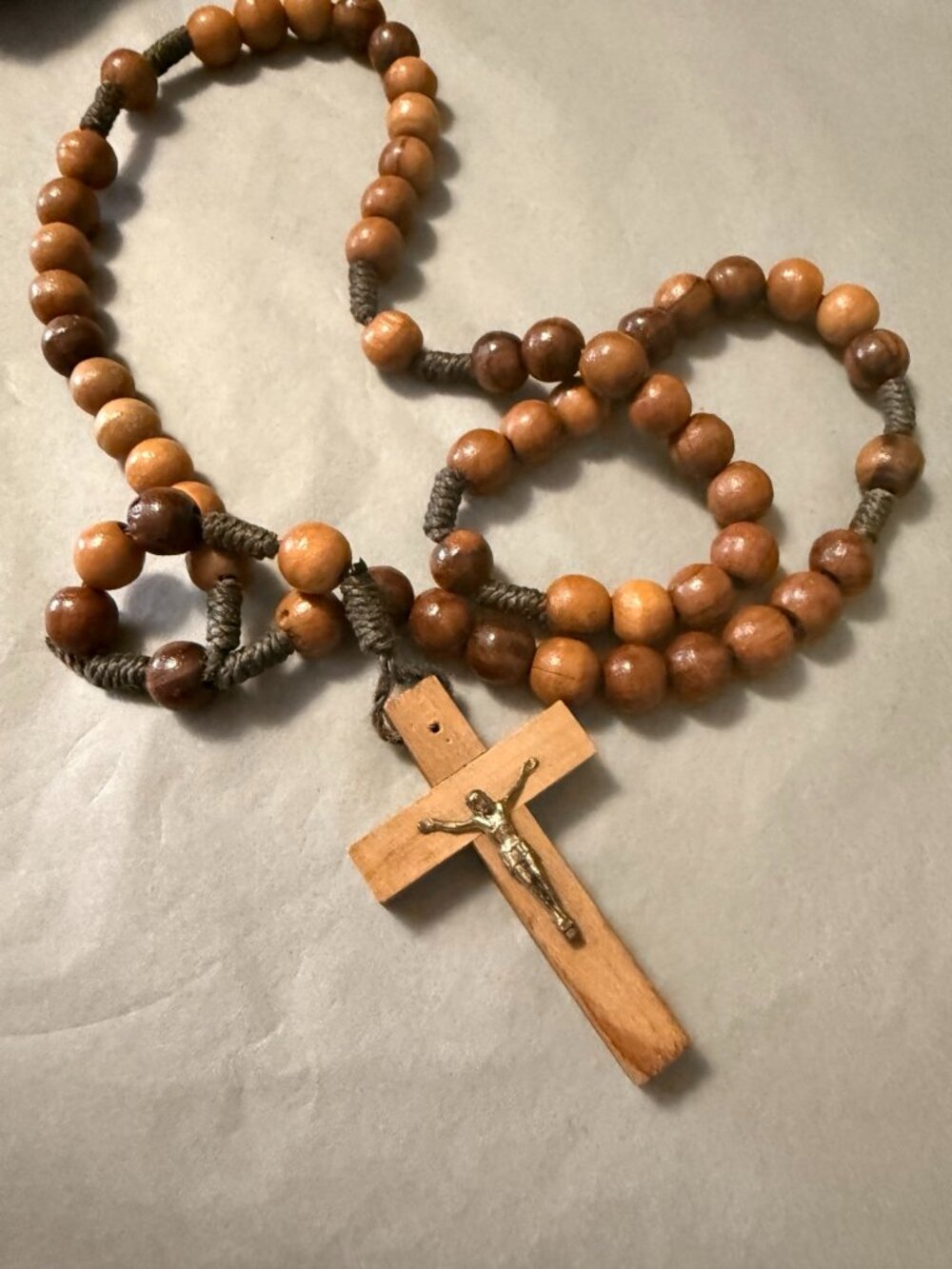 Wooden Bead Rosary Necklace Wood Crucifix Knotted Cord Catholic Religious